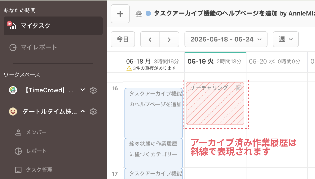 マイタスク上でのアーカイブ済み作業履歴の表示
