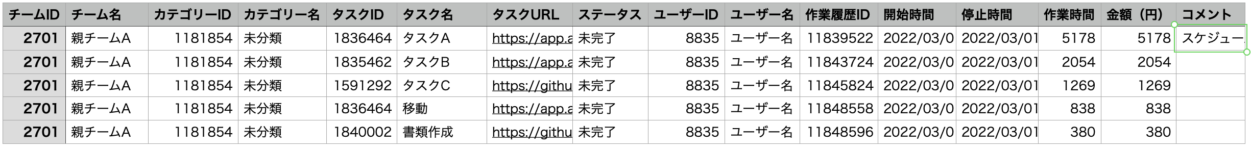 作業履歴単位のCSV